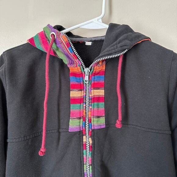 Unisex Ethnic Hooded Nepal Jacket Ethnic Jacket Zip Front Black SMALL - Picture 3 of 10